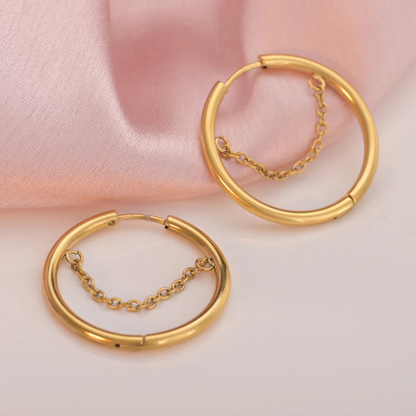 Gold Hoop Earrings with Dangle Chain