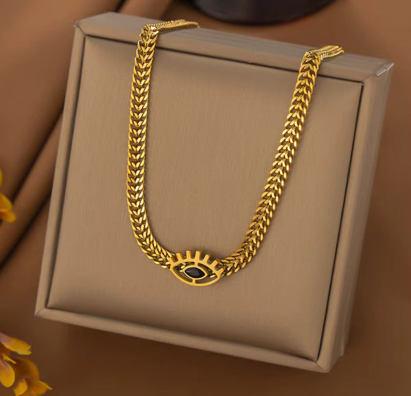 Evil Eye Gold Necklace – Bold Chain with Black Enamel Eye Pendant