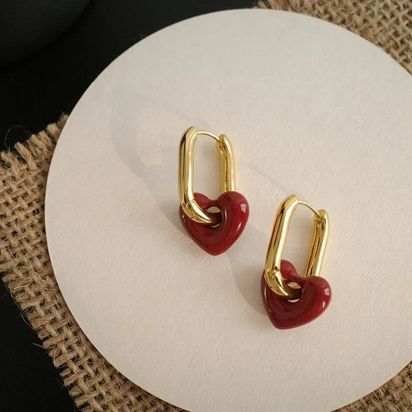 Gold-Toned Hoop Earrings with Red Heart
