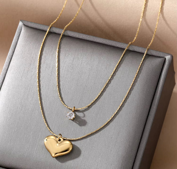 18K Gold PlatedHeart Pendant Layered Necklace for Women